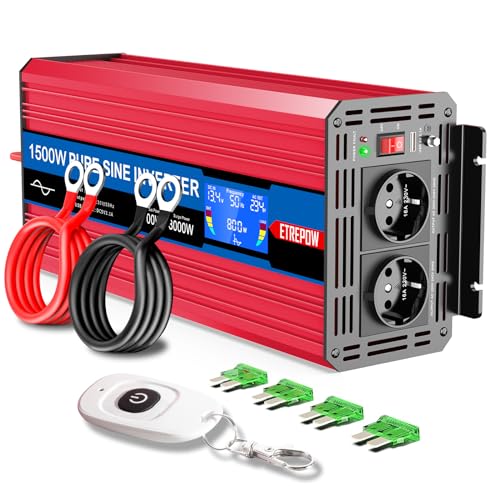 ETREPOW 1500w Wechselrichter 12v Auf 230v Reiner Sinus Spannungswandler mit 2 EU-Steckdose und Einer 2,1A USB,Drahtlose Fernsteuerung,LCD Bildschirm und 2 Lüftern-Spitzenleistung 3000w Kfz Konverter …