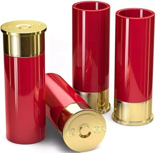 12 Gauge Shot Glasses, Set of 4, 1.5 oz Capacity, Red and Gold