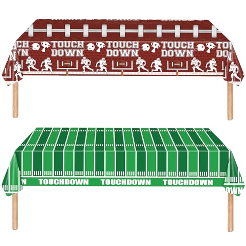 Fyeoxle 2 Pack Football Party Decorations Tablecloth Disposable Plastic Touchdown Table Cover Rugby Tablecovers for Football Birthday Baby Shower Party and Gameday Tailgate Decorations 54 X 108Inch