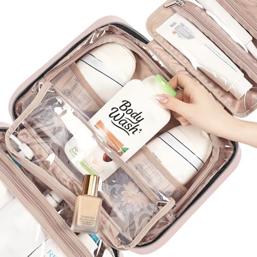 Image of NISHEL Travel Toiletry Bag for women, Portable Hanging Organizer for Family-Sized Shampoo, Conditioner, Brushes Set, Makeup Accessories, Extra Large Size, Pink