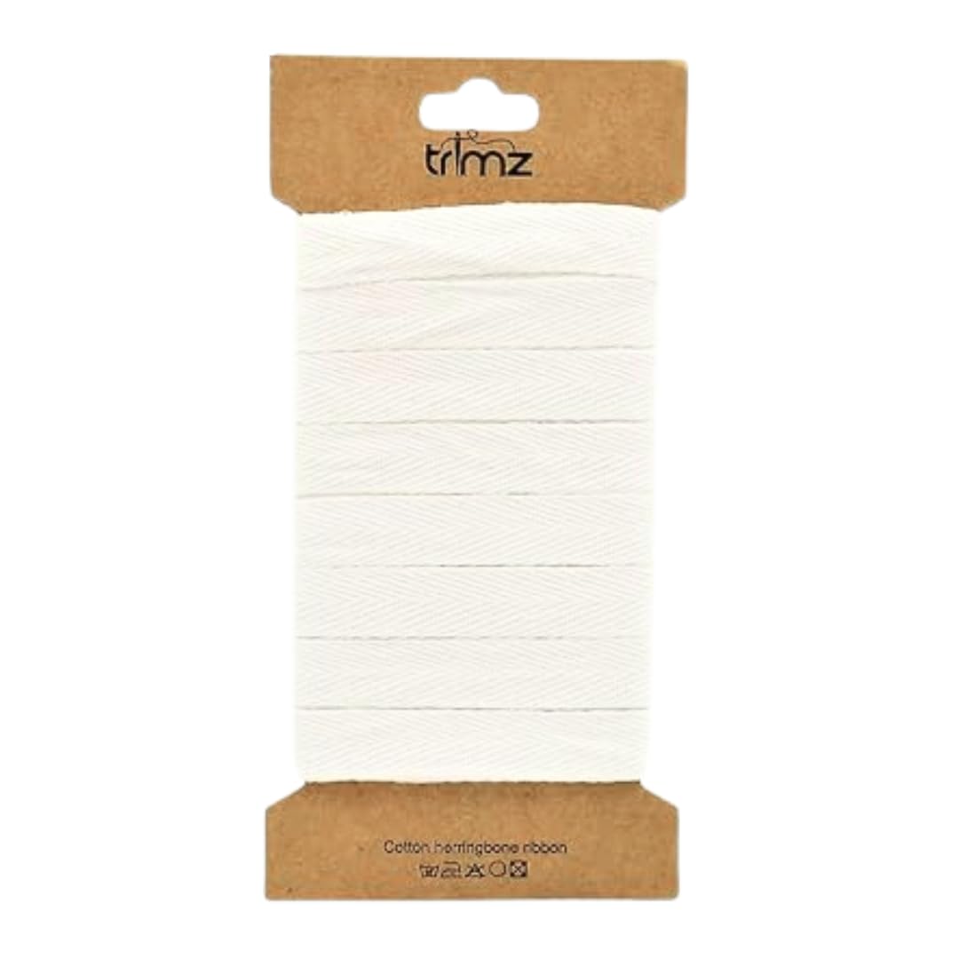 Trimz Single Herringbone Cotton Ribbon, White, 15mm x 5m – Strong Woven Craft & Sewing Ribbon
