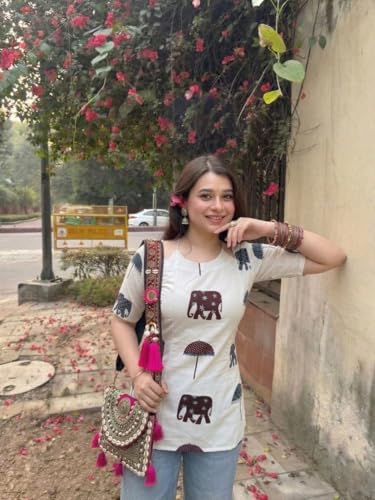 Image of ANNI Designer Women's Viscose Blend Printed Short Kurti | Straight Fit Casual Ethnic Top | Square Neck 3 /4 Sleeve Kurta Office College
