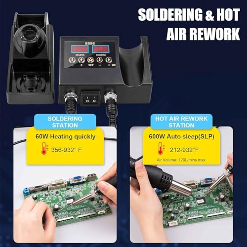 Image of Serplex 2-in-1 Soldering Station With LCD Display, 600W Hot Air Gun, Adjustable Temperature, Divided Switches, Fast-Heat, 3 Nozzles (5 /8 /10mm) & Holder, For SMD PCB Electronics Repair & Welding