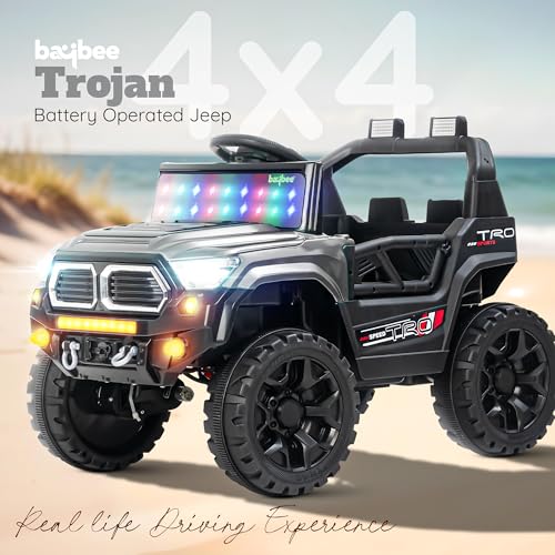 Image of Baybee Trojan Battery Operated Jeep for Kids with RGB Windshield Light, Bluetooth, USB & Music | Baby Big Ride on Battery Car| Electric Jeep Car for Kids to Drive for 2 to 6 Years Boys Girls (Grey)