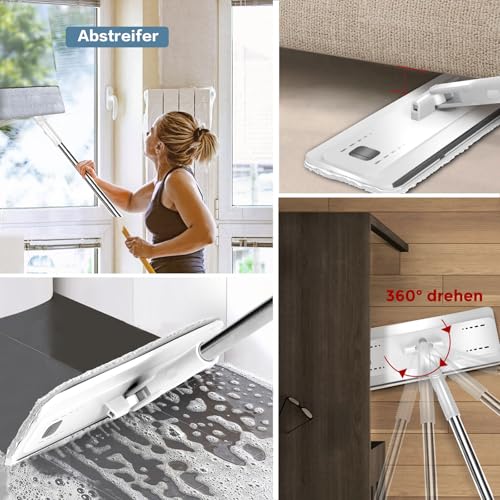 Wischmopp Set mit Eimer,Masthome Putzeimer mit Wischmop und 5 Mikrofaser Moppkopf, Wischmopp Set mit 140cm Edelstahl Griff, Bodenwischer mit Auswringfunktion für Alle Böden - Weiß – Bild 4