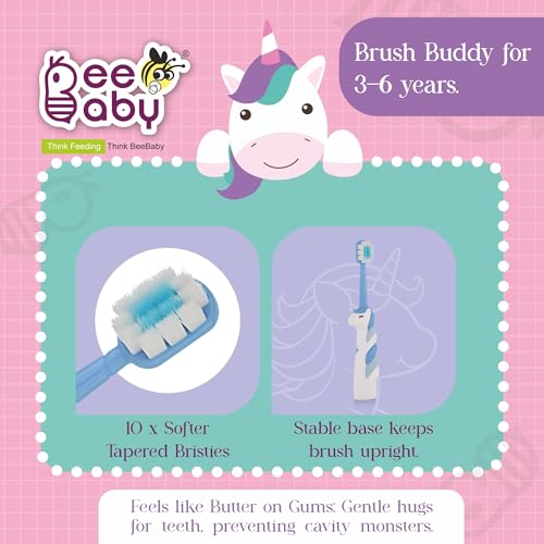 Image of BeeBaby Brush Buddy Baby Toothbrush for Kids 3-6 Years, Ultra Soft Tapered Bristles Toddler Toothbrush for Milk & Permanent Teeth, BPA Free Easy Grip Toothbrush for Sensitive Gums - Blue Unicorn