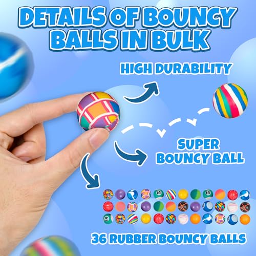 Bedwina Bouncy Balls in Bulk - Case Pack of 250 (1inch/27mm) Hi Bounce Ball Variety Assortment Mix, Colorful and Small Rubber Bouncing Balls for Kids Game Prizes, Party Favors and Vending Machines