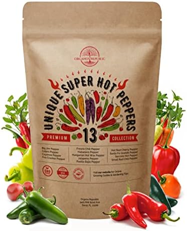 13 Rare Hot Chili Pepper Seeds Variety Pack for Planting Indoor & Outdoors. 650+ Non-GMO Bulk Pepper Garden Seeds Kit: Jalapeno, Cayenne, Serrano, Habanero, Pasilla Bajio, Santa Fe, Fresno & More