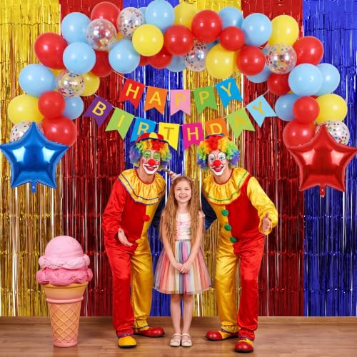 Image of TONIFUL 2Pcs Yellow Red Blue Metallic Tinsel Foil Fringe Curtains Streamers | 3.3ftx6.6ft Photo Booth Backdrop Door Curtain Streamer for Birthday Baby Shower Sports Party Holiday Celebration Decorations
