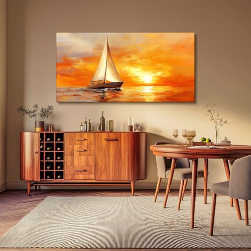 SERIMINO Ocean Sunset Wall Art, Sailboat on Sea Extra Large Artwork, Nautical Landscape Canvas Art Prints, Still Life Aesthetic Paintings Wall Decor Living Room Bedroom Home Office Hotel 30"X60"