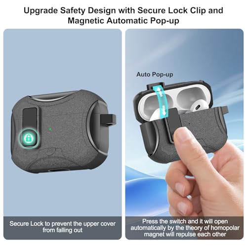 Image of Aircawin for Airpods Pro 3 Case,Safety Lock&Phone Stand for Airpods Pro 3rd Generation Case Cover,Magsafe Compatible,Auto Pop-up,Military-Grade Protection with Carabiner&Cleaning Pen-Black+Furry Grey