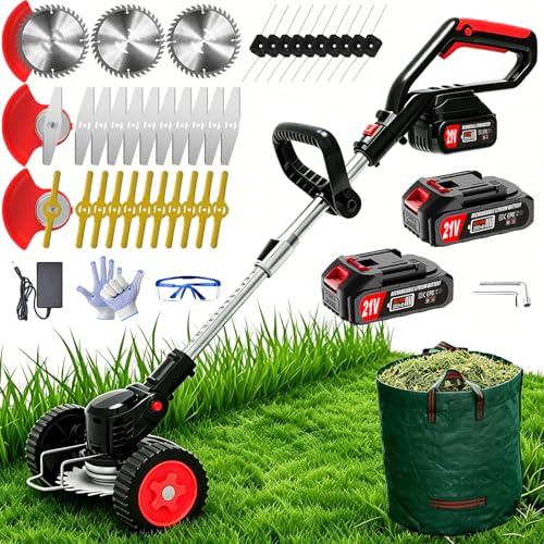 Electric Weed Wacker Cordless Eater,21V No String Trimmer Battery Powered,3-in-1 Grass Trimmer/Lawn Edger/Brush Cutter with Metal Blades&Wheels,Stringless Weed Trimmer battery operated for Garden&Yard