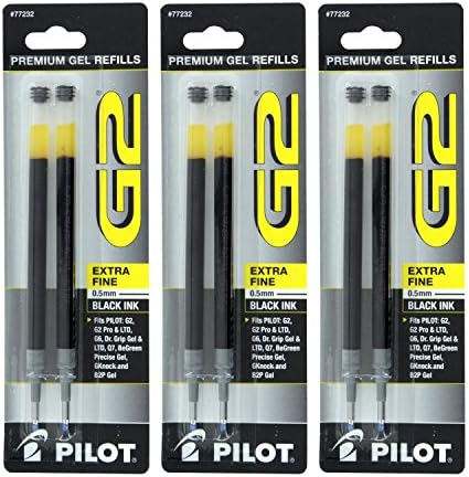 Pilot G2, Dr. Grip Gel/Ltd, ExecuGel G6, Q7 Rollerball Gel Ink Pen Refills, 0.5mm, Extra Fine Point, Black Ink, Pack of 6