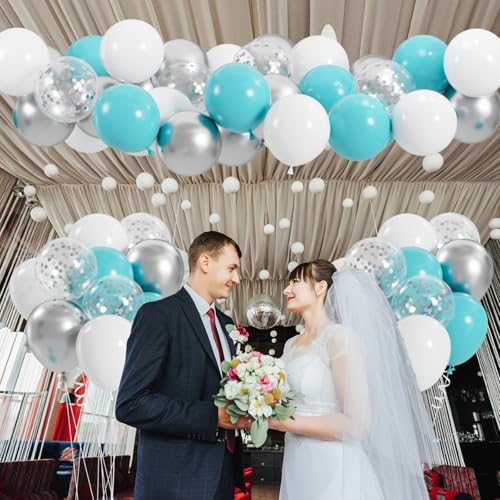 Image of 100pcs Teal Blue White Silver Confetti Balloons, 12inch Turquoise, White, Metallic & Glitter Latex Balloons for Wedding Birthday Baby Shower Party Decoration