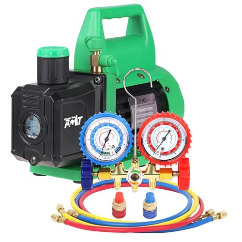 PB Motor Tech 4.5 CFM Vacuum Pump with Brass Manifold Gauge Set with 4FT Three-Color Hoses and 2 Quick Couplers for R134A R12 R22 R502 Refrigerants for Auto & Household AC Maintenance
