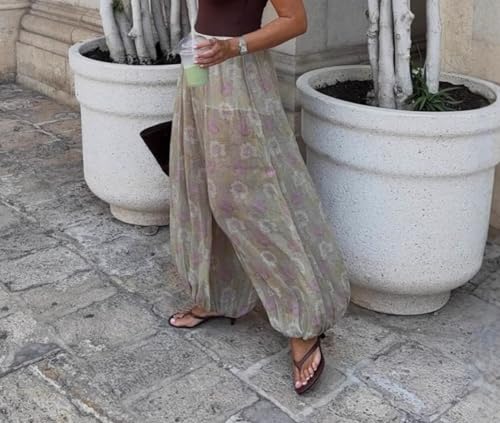 Y2k See Through Bell Bottom Pants Women Floral Sheer Wide Leg Baggy Flared Summer Pants4