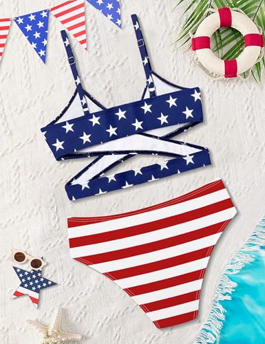 Image of Girls Swimsuit Bikini Set,Criss Cross Bathing Suits for Girl Two Piece Solid Color Girls' Swimwear for 7-16 Years