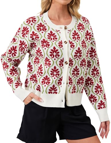 Image of Women's Floral Printed Cardigan Open Front Button Down Knit Flower Sweaters Long Sleeve Crew Neck Fashion Tops Red