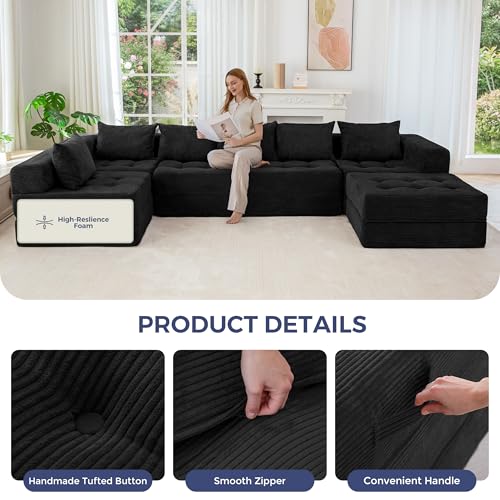 Image of MAXYOYO Modular Sectional Sofa Couch, Foldable U Shaped Cloud Couch with Pillows, Tufted 7-Seat Boneless Lounger Floor Sofa Bed for Living Room, No Assembly Required, Black