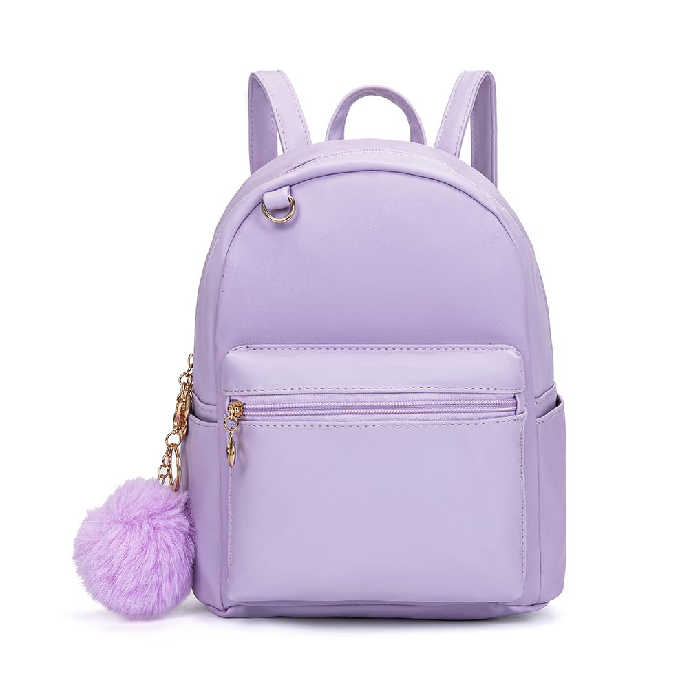YiXiamo Cute 10 Inch Mini PU Backpack with D-Ring & Removable Fluffy Ball Charm for Teens & Women (purple)