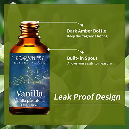 Image of BURIBURI 100ML Vanilla Essential Oil, 100% Pure Undiluted Aromatherapy Vanilla Oil 3.38fl.oz for Soap, Candle Making, Massage, Diffuser, Humidifier