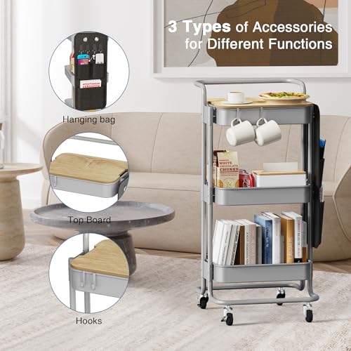 Image of DTK 3-Tier Rolling Cart with Table Top, Metal Utility Cart with Side Bags | Tray Storage Organizer, Lockable Wheels, 4 Hooks, Art Cart for Kitchen, Bathroom, Office, Craft room, Living room,Grey