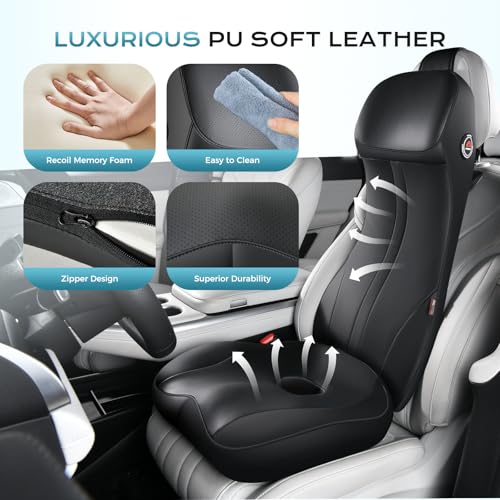 Image of Coverado Car Seat Cushion and Lumbar Support Headrest Pillow, Integrated Ergonomic Memory Foam Back Support Neck Pillow, Soft Leather Breathable Driving Seat Cushion for Sciatica Pain Relief, Black
