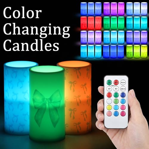 Image of Retisee 3 Pcs Blue Bow Flameless LED Candles with Remote Coquette Blue Bow Room Decor 3x6 Inch Color Changing Battery Operated Pillar Candles for Girls Women Bedroom, Bathroom