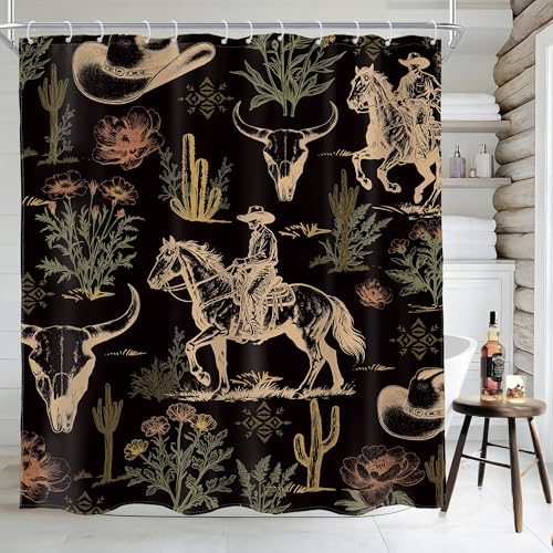 AMBZEK Western Cowboy Black Shower Curtain 60Wx72L Inch Cactus Desert Cow Skull Bull Horse Country Rustic Farmhouse Dark Artwork Cloth Fabric Waterproof Polyester Bathroom Decor Set with 12 Pack Hook