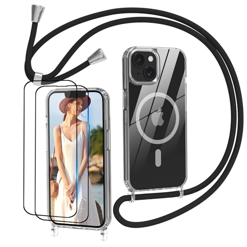 Nupcknn für iPhone 13 Hülle mit Band MagSafe,2 Displayschutzfolien Magnetische Handykette Transparent Handyhülle (Abnehmbar Einstellbar) Necklace zum Umhängen Handy Kette