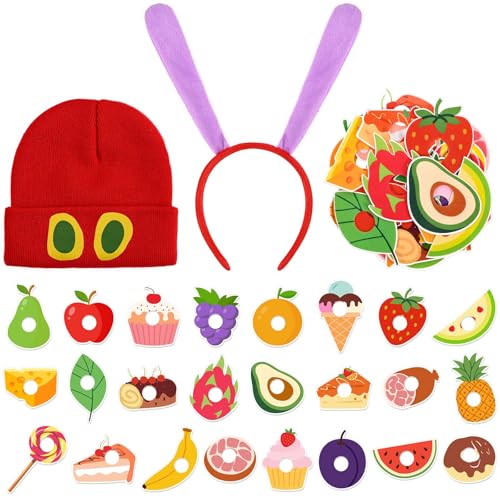 Kavoc Caterpillar Costume Set Includes Caterpillar Headband Hat and Self Adhesive Felt Foods Fruits Stickers for World Book Day Cosplay