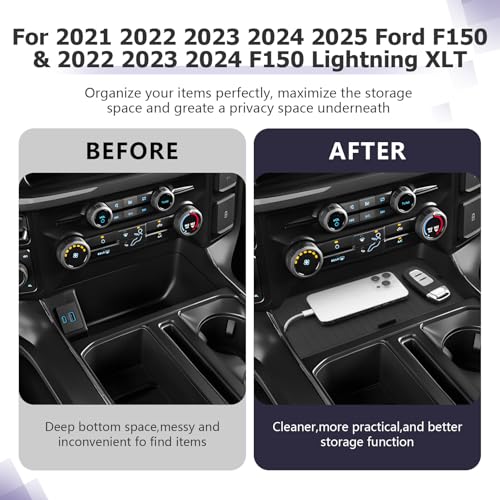Image of LUWU Center Console Organizer Compartment Cover for 2021-2024 2025 Ford F150 & 2022-2024 F150 Lightning XLT Interior Accessories Middle Console Secret Pocket Lid Hidden Storage Tray Panel w /USB Hole