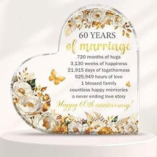 60th Wedding Anniversary Plaque Gifts Diamond Anniversary Present 10cm x10cm 60th Acrylic Heart Keepsake for Wife Husband Parents