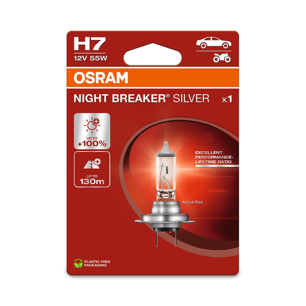 Osram NIGHT BREAKER SILVER H7, +100% mehr Helligkeit, Halogen-Scheinwerferlampe, 64210NBS-1BL, 12V Pkw, Einzelblister (1 Lampe)