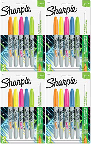 Sharpie 1860443 Neon Permanent Markers, Fine Point, Assorted Colors, 5 Count - 4 Pack