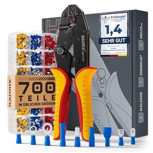 BAURIX® Crimpzange Kabelschuhe inkl. 700 Stück Set I...