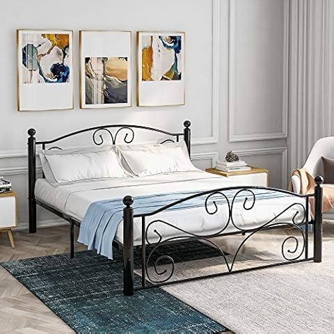 IANIYA Metal Double Bed Frame 4ft6 Modern Platform Bed with Headboard Footboard for Adult Teenagers, Steel Slat Support, Underbed Storage Space (135 x 190 cm, Black-Pattern) Cover