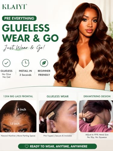 Image of KLAIYI Auburn Chestnut Brown Loose Body Wave Pre Everything Glueless 13x4 Lace Front Wigs Human Hair Drawstring Precut Lace Pre Plucked Bleached Ready to Wear and Go Wig with Face Framing Bang 26Inch