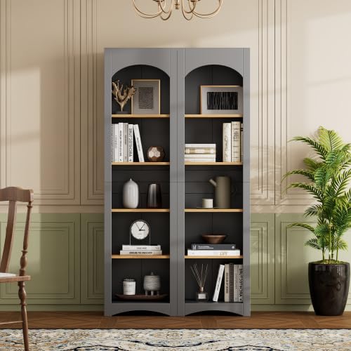 XUOXFUTZIG Modern 72" Tall Freestanding Arched Display Cabinet, 5-Tier Two-Tone Storage Cabinet with Adjustable Shelves, Wood Organizer for Living Room, Dining Room, Grey