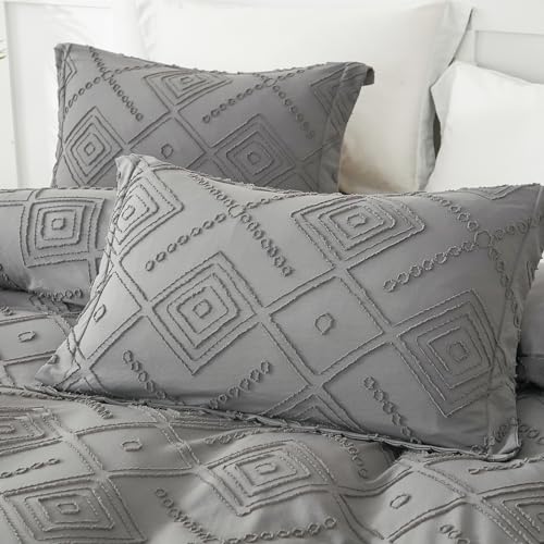 Image of EMME Duvet Cover Queen Size, Boho Tufted Comforter Cover, 3 Pieces Embroidery Chic Bedding Set for All Seasons, 1 Duvet Cover + 2 Pillowcases (Dark Grey, Queen)