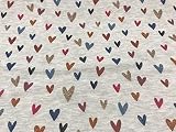 Tela de sudadera, con un divertido estampado de corazones, en multicolores y acompañado con un detalle de lurex en el estampado, lo que favorece el dibujo.
