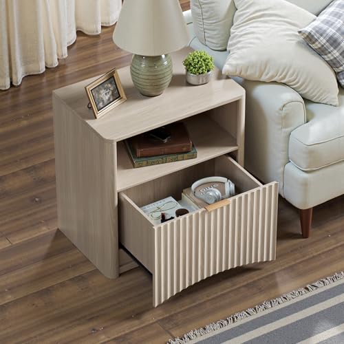 Image of Evermagin Fluted Nightstand Set of 2, Bedside Table with Drawer and Storage, Wood End Table Mid Century Modern, Large Night Stand for Bedroom, White Alder