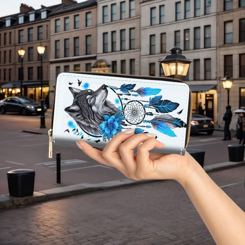 Wallet,Large Capacity RFID Blocking Leather Wallet, Durable Smooth Zipper Clutch,Unisex Travel Wallet for Cards,Cash,and Coins,Dream Catcher Wolf3