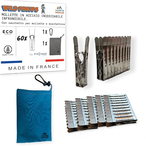 Wild PinUps:60 mollette da bucato inox Pincinox infrangibili con porta mollette bucato e moschettone. Per lavanderia, stendibiancheria, stendino, alimenti. Mollettine robuste, durature, Made in France