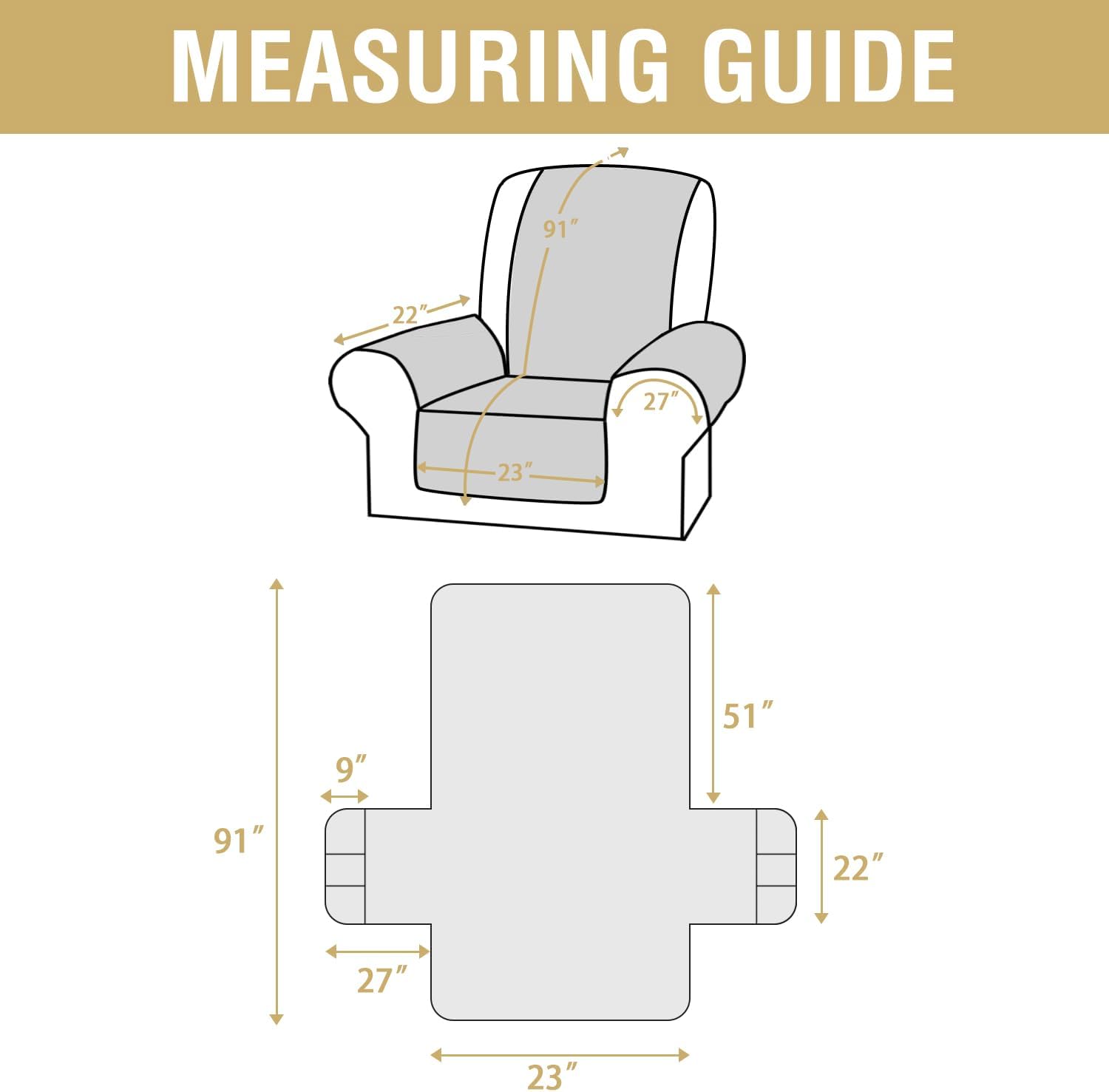 H.VERSAILTEX 100% Waterproof Recliner Cover 1-Piece Reversible Lazy Boy Recliner Chair Covers Furniture Protector with Elastic Straps for Pets Kids Sitting Width Up to 23" (Recliner, Grey/Beige)