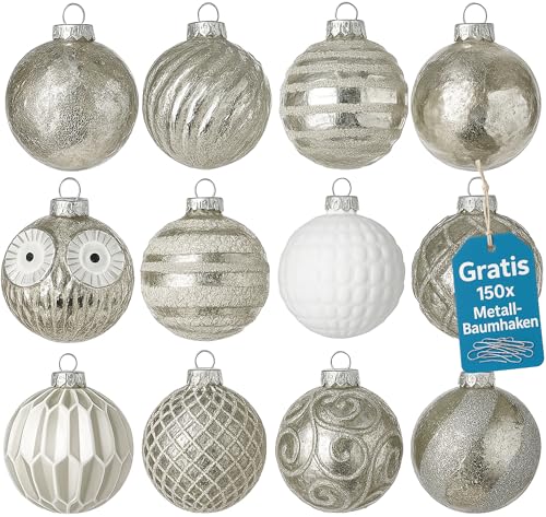 Premium Weihnachtskugeln 12-teiliges Set Echtglas Glaskugeln Weihnachten Weihnachtsdeko Tannenbaumkugeln Glas Christbaumkugeln Weihnachtsbaum B 8