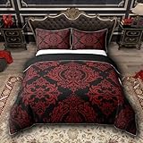 Homemissing Vintage Damask Floral Bettwäsche Set 135x200cm Böhmisch Exotisch Gothic Bettbezug Set Schwarz Rot Oriental Antique Gotik Bohemia Boho Blumen Betten Set 2Stück