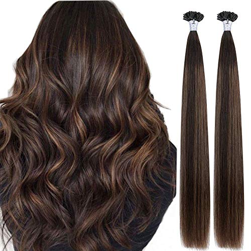 Hairmujer U Tip Hair Extensions Human Hair Straight Pre Bonded Italian Keratin Nail Tip Fusion Hairpiece Balayage Dark Brown To Golden Brown 18Inch 100% Remy Human Hair Extensions (50G/Pack) #TOP6