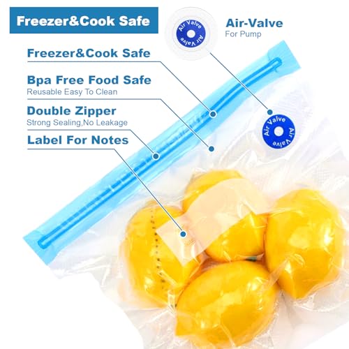 Image of 60 Pack Reusable Sous Vide Bags Vacuum Sealer for Food with 10 Sealing Clips, 4 Sizes BPA-Free Vacuum Zipper Storage Freezer Bags with Air Valve, Double Layers Leak Proof Design for Food Storage