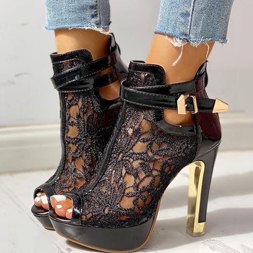 Heel Up Hollow Mesh High Lace Casual Womens Ladies Sexy Sandals Shoes Floral Zip Women's Sandals Slide Sandals for Women Under 10 Dollars (Black, 9)2